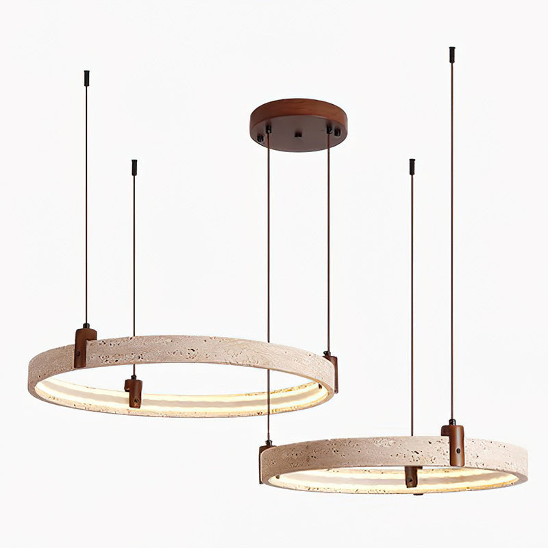 Travertin-Ring-Kronleuchter – Naturstein-Hängelampe mit Walnussholz und integrierter LED | Skandinavisches Design für Wohn- und Esszimmer | Sansoti