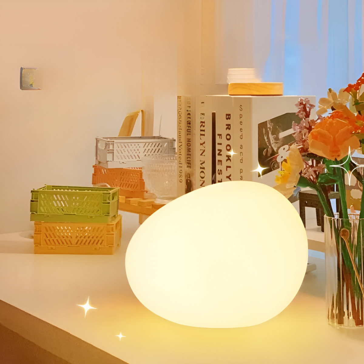 Stone Table Lamp LED 3-Colors PE Atmosphere Lamp 22cm Living Room Bedroom Scandinavian Organic Night Lamp Dimmable | Sansoti