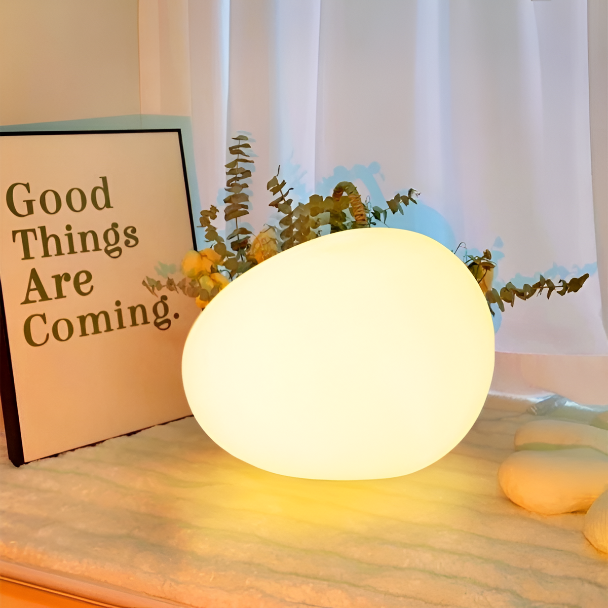 Stone Table Lamp LED 3-Colors PE Atmosphere Lamp 22cm Living Room Bedroom Scandinavian Organic Night Lamp Dimmable | Sansoti