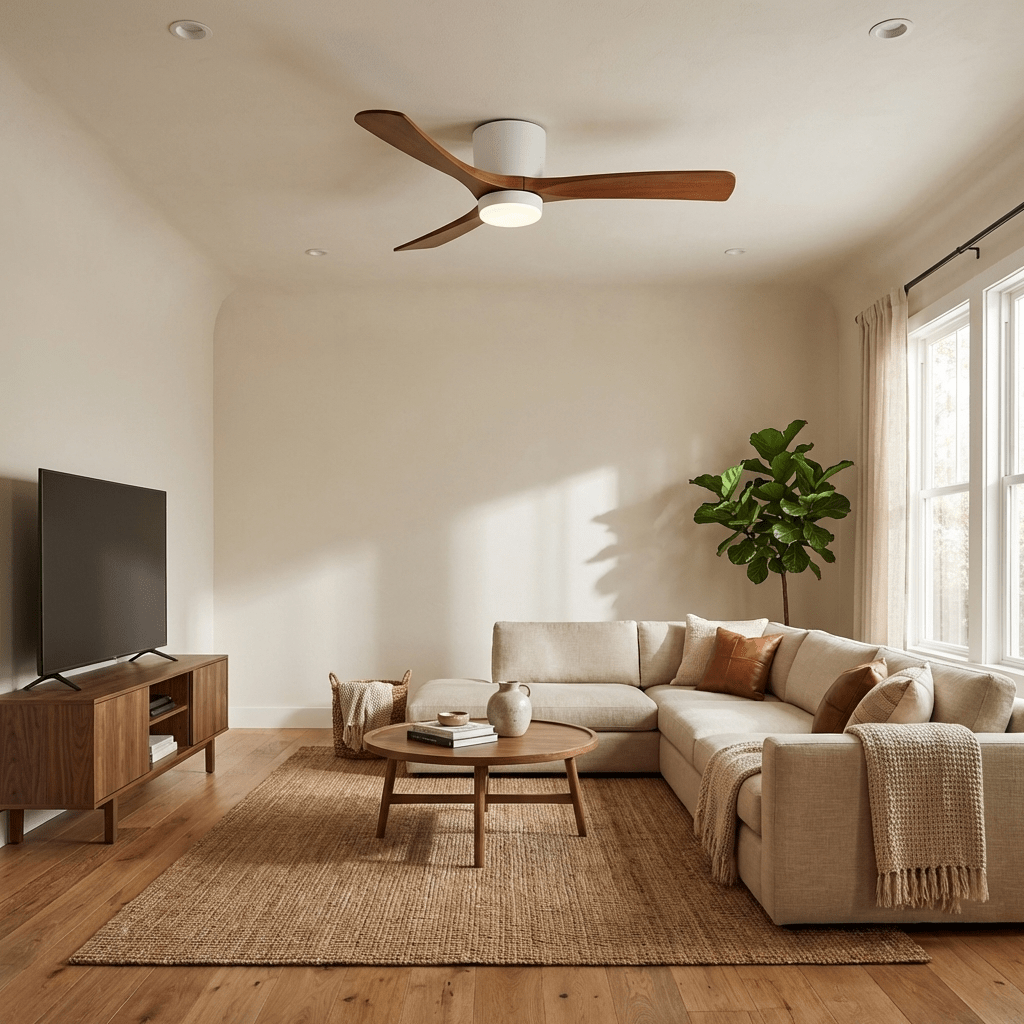 Deckenventilator mit Beleuchtung Skandinavisches Holzdesign 106/122/132 cm dimmbar mit Fernbedienung Deckenventilator mit LED-Lampe Holzblätter Wohnzimmer Schlafzimmer Esszimmer | Sansoti