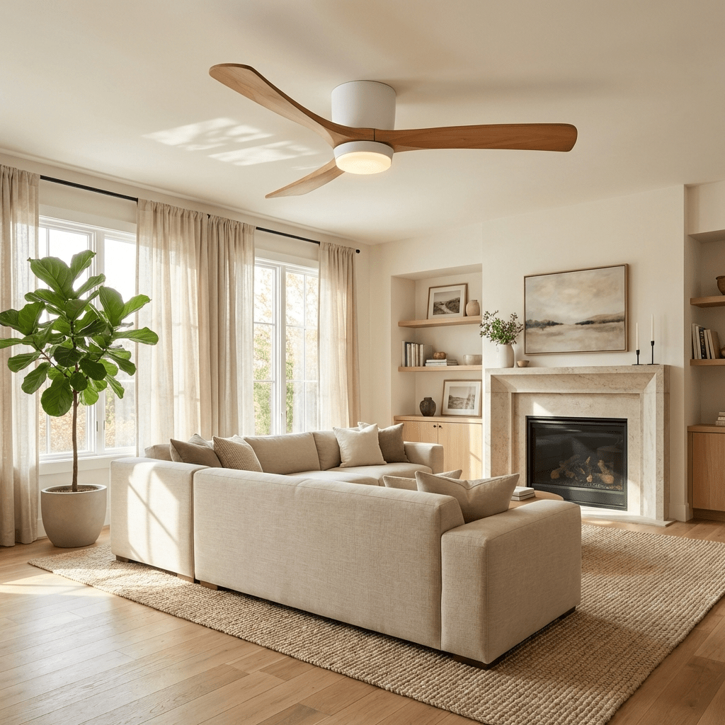 Ceiling fan with lighting 106-132 cm wood-look remote control 6 speeds living room bedroom | Sansoti