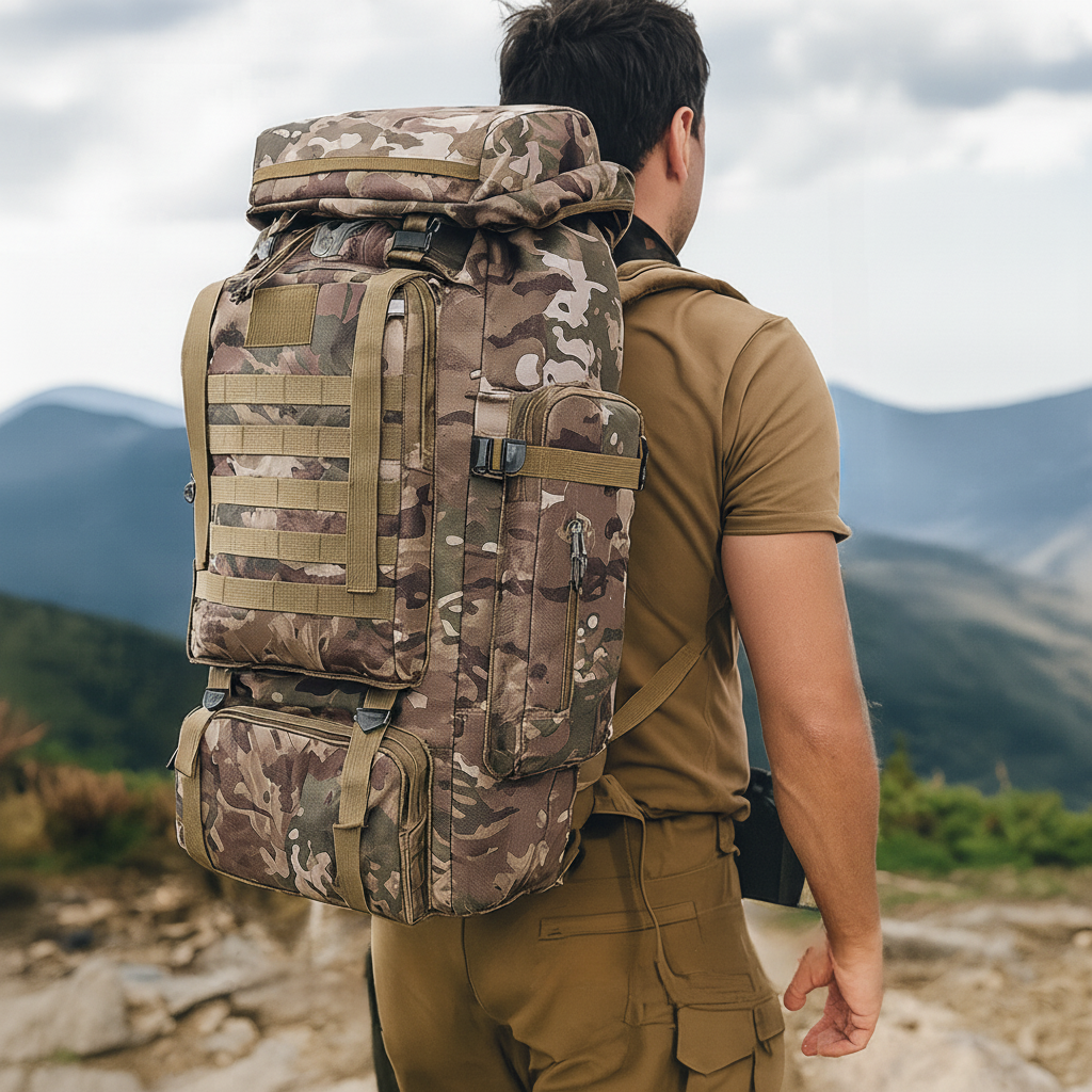 80-Liter Trekking Backpack with MOLLE System Ergonomic Outdoor Backpack Camouflage Khaki Black Hiking | Sansoti
