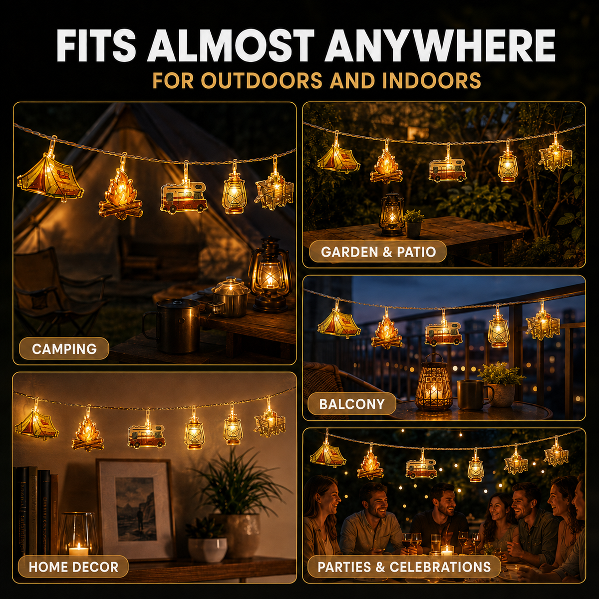 Decoratieve LED-lichtsnoer Campingmotieven Warmwit Licht Batterij Sfeerverlichting Buiten Binnen Tuin | Sansoti