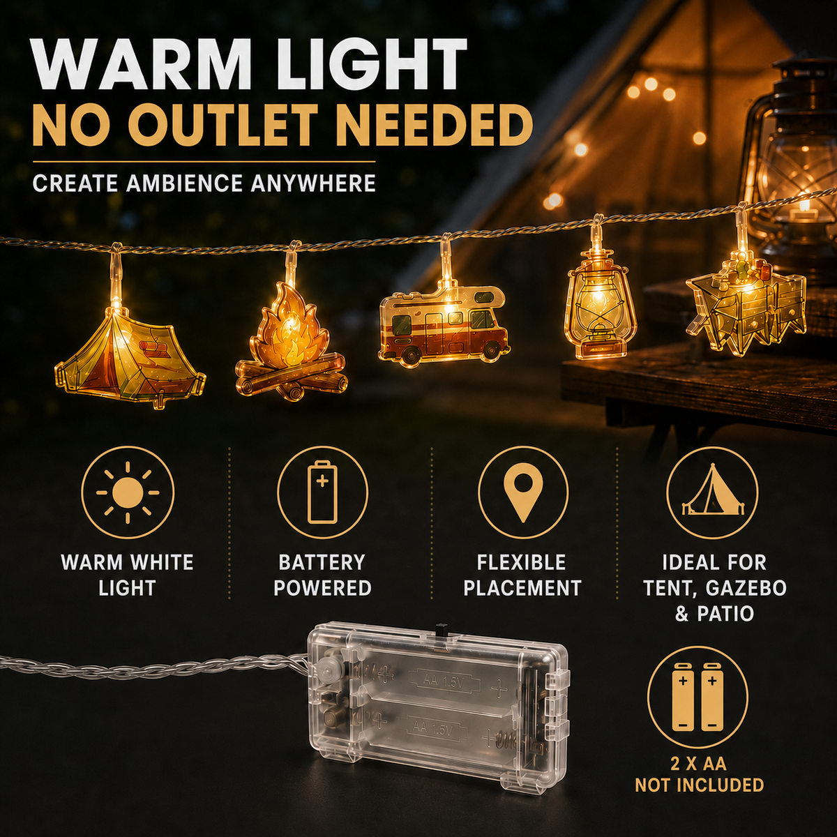 Decoratieve LED-lichtsnoer Campingmotieven Warmwit Licht Batterij Sfeerverlichting Buiten Binnen Tuin | Sansoti