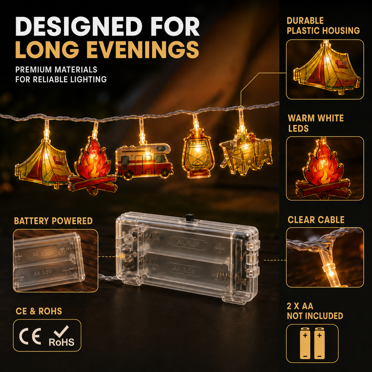 Decoratieve LED-lichtsnoer Campingmotieven Warmwit Licht Batterij Sfeerverlichting Buiten Binnen Tuin | Sansoti