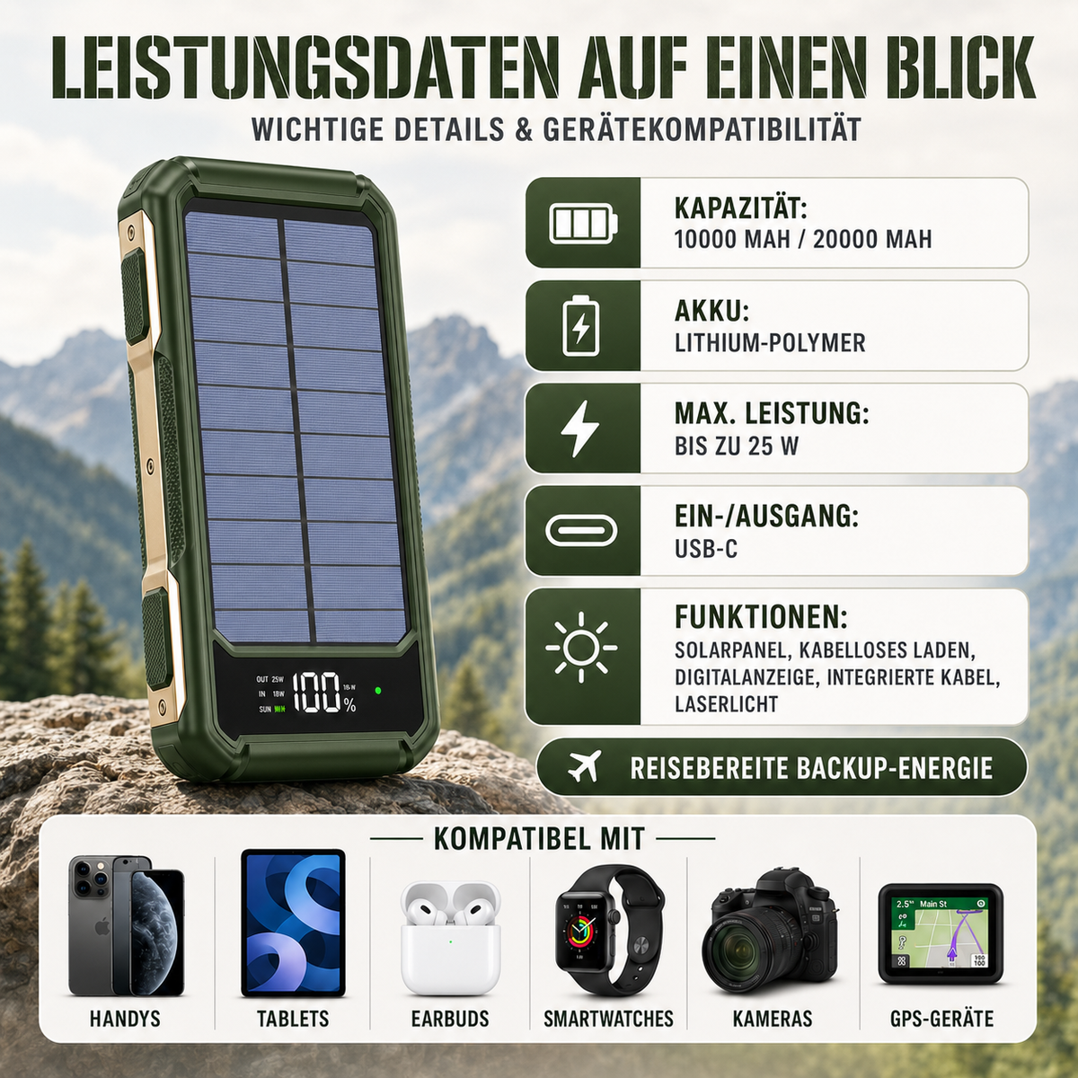 Batterie externe portable avec panneau solaire 10000-20000mAh, charge rapide USB-C et recharge sans fil pour activités en plein air et camping | Sansoti
