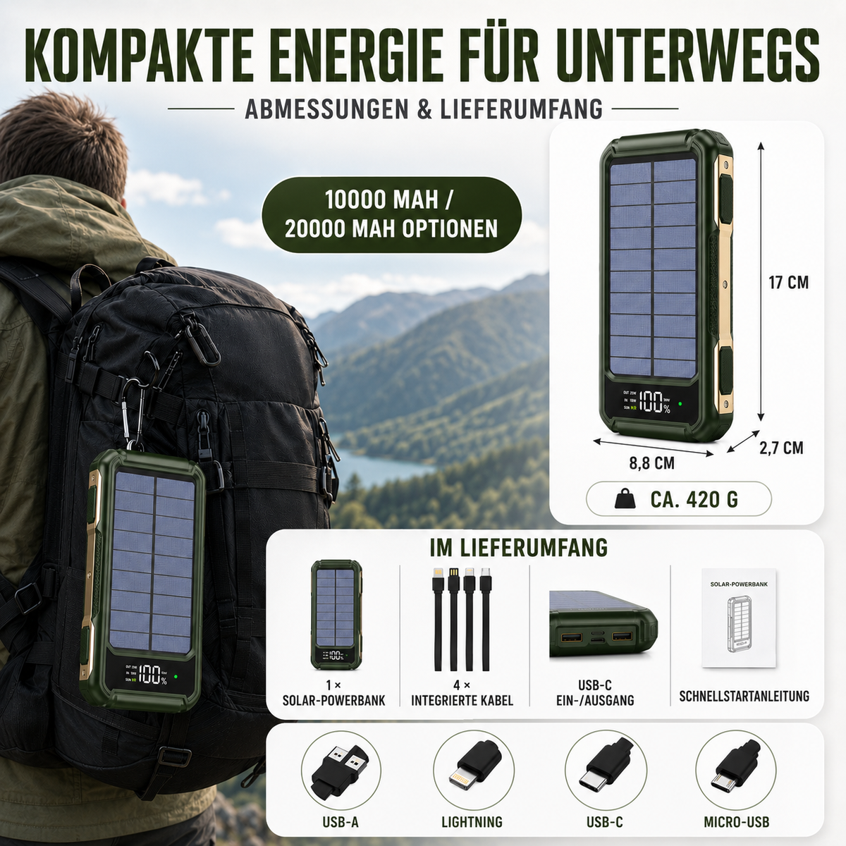 Batterie externe portable avec panneau solaire 10000-20000mAh, charge rapide USB-C et recharge sans fil pour activités en plein air et camping | Sansoti