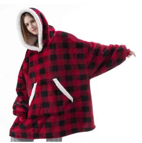 Übergroßer Sherpa-Fleece-Decken-Hoodie Grau Rosa Schwarz Blau Kariert Rot Extra Warm und Weich One Size Loungewear Hausdecke mit Kapuze und Taschen | Sansoti