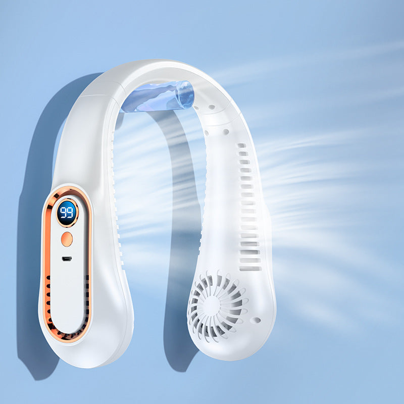 Portable Neck Fan with Digital Display, Green White Blue, Hands-Free, USB Rechargeable, Mobile Cooling | Sansoti