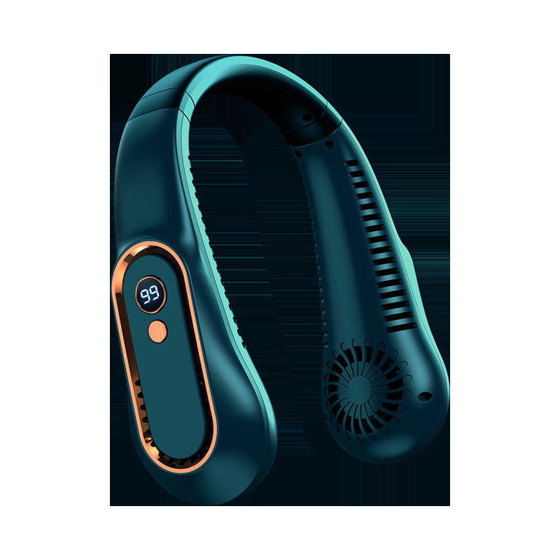 Portable Neck Fan with Digital Display, Green White Blue, Hands-Free, USB Rechargeable, Mobile Cooling | Sansoti