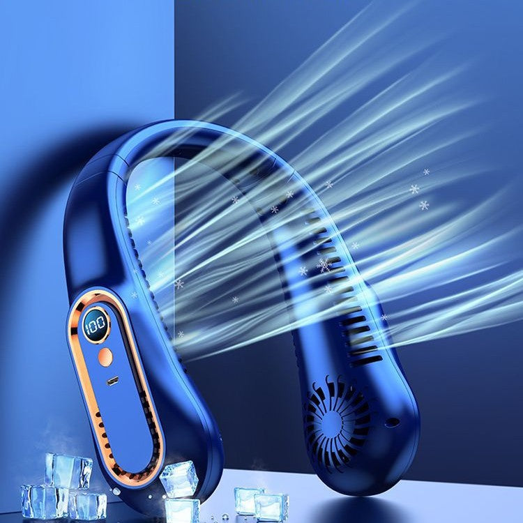 Portable Neck Fan with Digital Display, Green White Blue, Hands-Free, USB Rechargeable, Mobile Cooling | Sansoti
