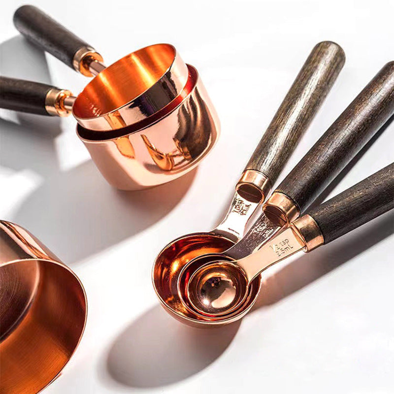 Measuring Spoons and Cups Set Stainless Steel Oak Wood 8-piece Kitchen Baking Cooking Precision Measuring Cup Set | Sansoti
