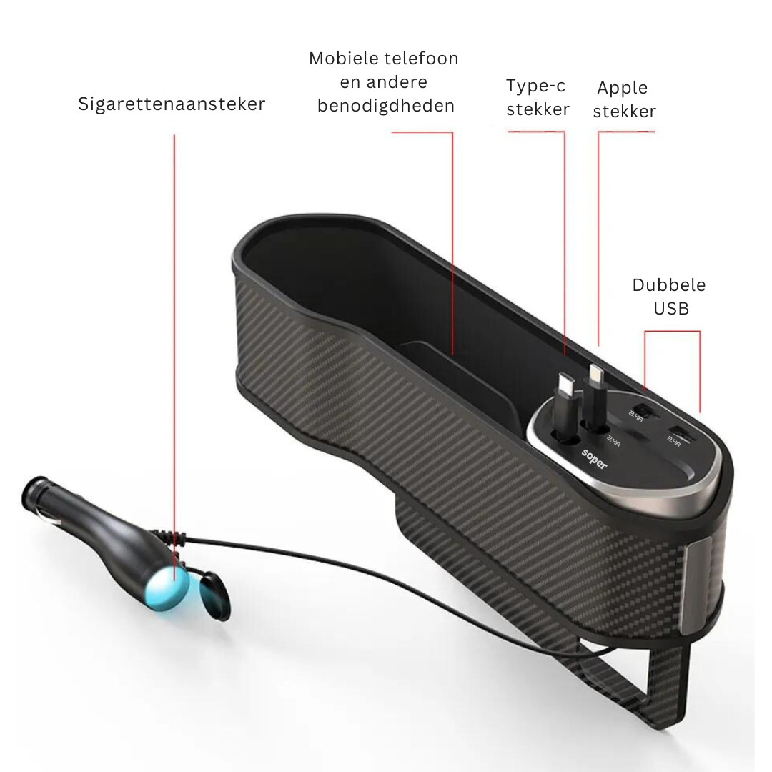 Multifunktionaler Auto-Organizer mit Becherhalter und Doppelten USB-Ladeanschlüssen – Platzsparendes Aufbewahrungssystem zwischen den Autositzen | Sansoti