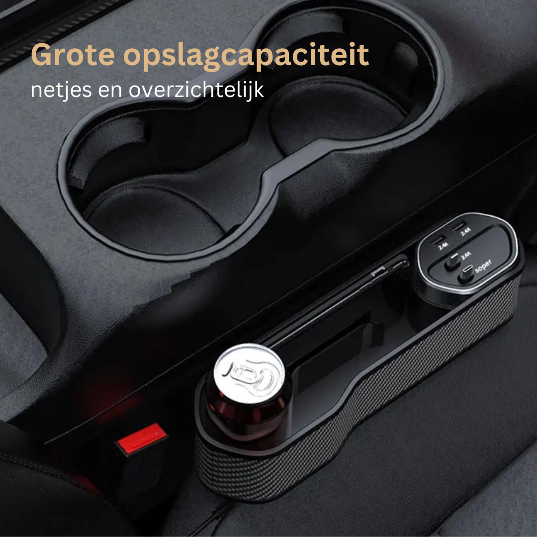 Multifunktionaler Auto-Organizer mit Becherhalter und Doppelten USB-Ladeanschlüssen – Platzsparendes Aufbewahrungssystem zwischen den Autositzen | Sansoti