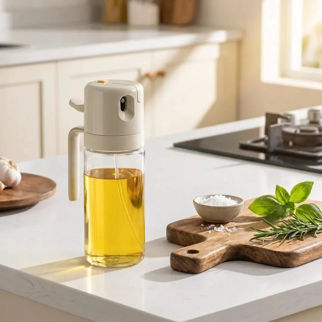 Glas-Ölspender 550ml mit Sprühkopf und Ausgießer, Kochspray-Küchenflasche, transparent, hitzebeständige Dosierflasche | Sansoti