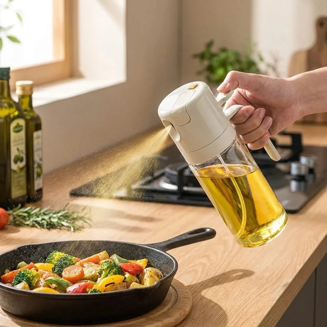 Glas-Ölspender 550ml mit Sprühkopf und Ausgießer, Kochspray-Küchenflasche, transparent, hitzebeständige Dosierflasche | Sansoti