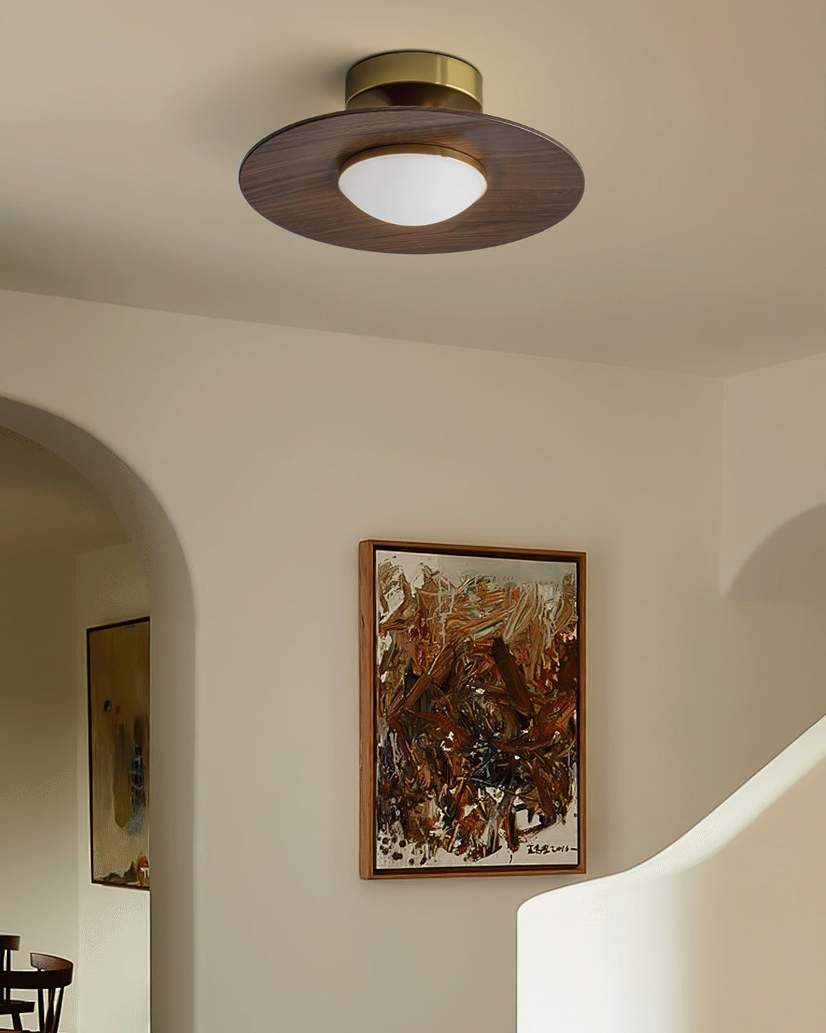 Küchen-Deckenlampe, dimmbar, Triac, 23,9 cm, Aufbauleuchte, Metall, Walnussholz-Akzent, Gold, warmweiß, LED, Esszimmer, Innenbereich | Sansoti