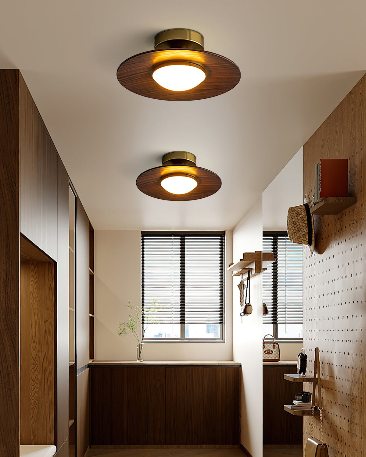 Küchen-Deckenlampe, dimmbar, Triac, 23,9 cm, Aufbauleuchte, Metall, Walnussholz-Akzent, Gold, warmweiß, LED, Esszimmer, Innenbereich | Sansoti