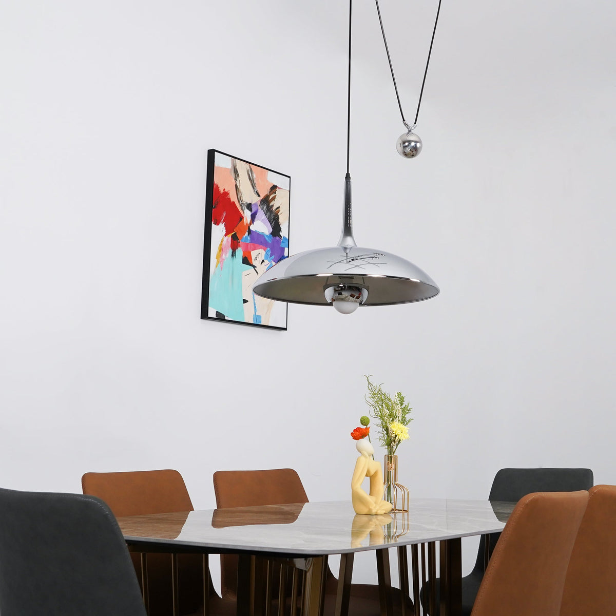 Adjustable Pendant Lamp Onos – Height Adjustable with Counterweight Ball – Chrome or Gold Metal – Vintage 1970s Design – Retro Pendant Lighting for Dining Table and Kitchen Island | Sansoti