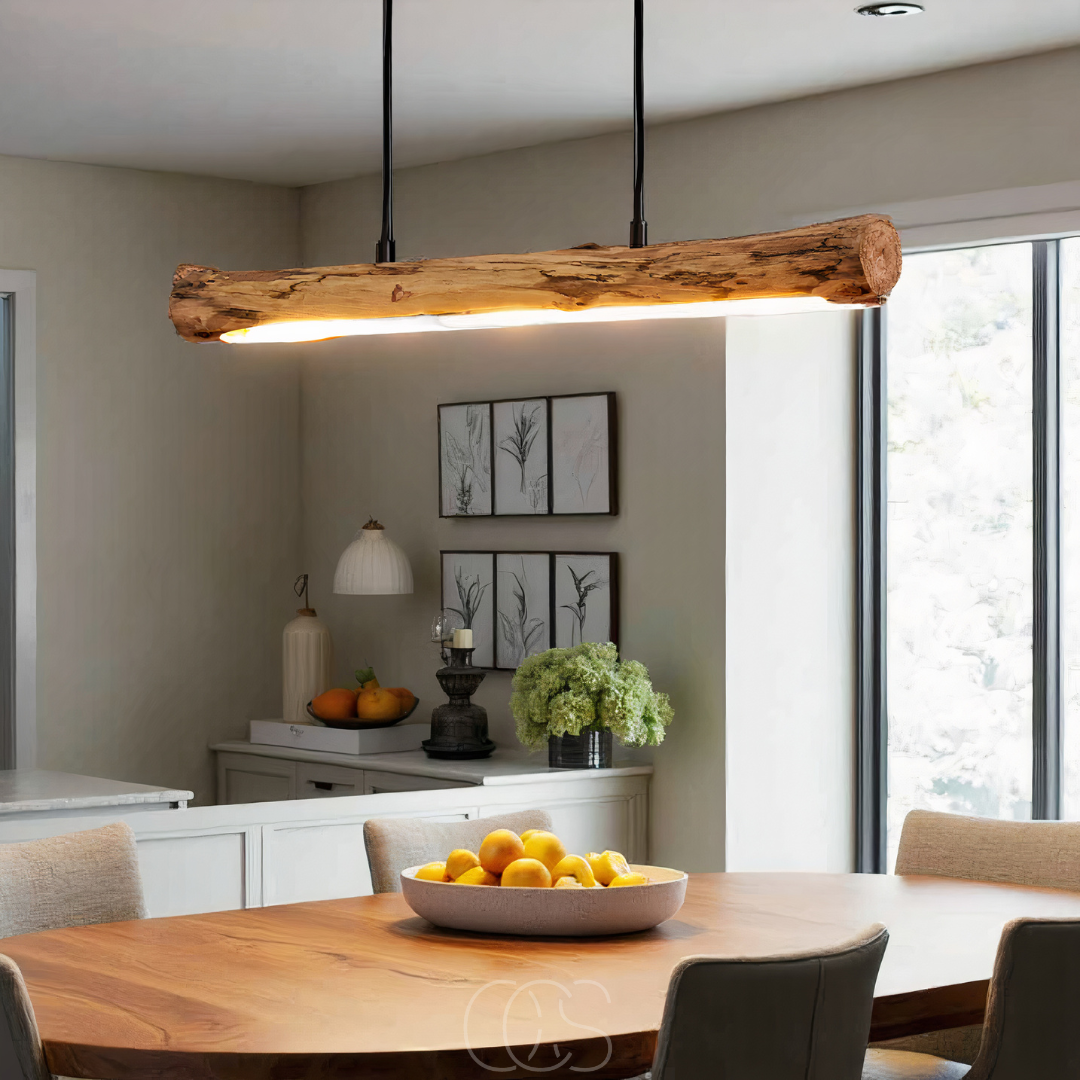 Dimmbare Hängeleuchte Holz 80 cm Schwarzes Metall Warmweiß LED Esstisch Skandinavisches Design Stimmungsvolle Beleuchtung | Sansoti