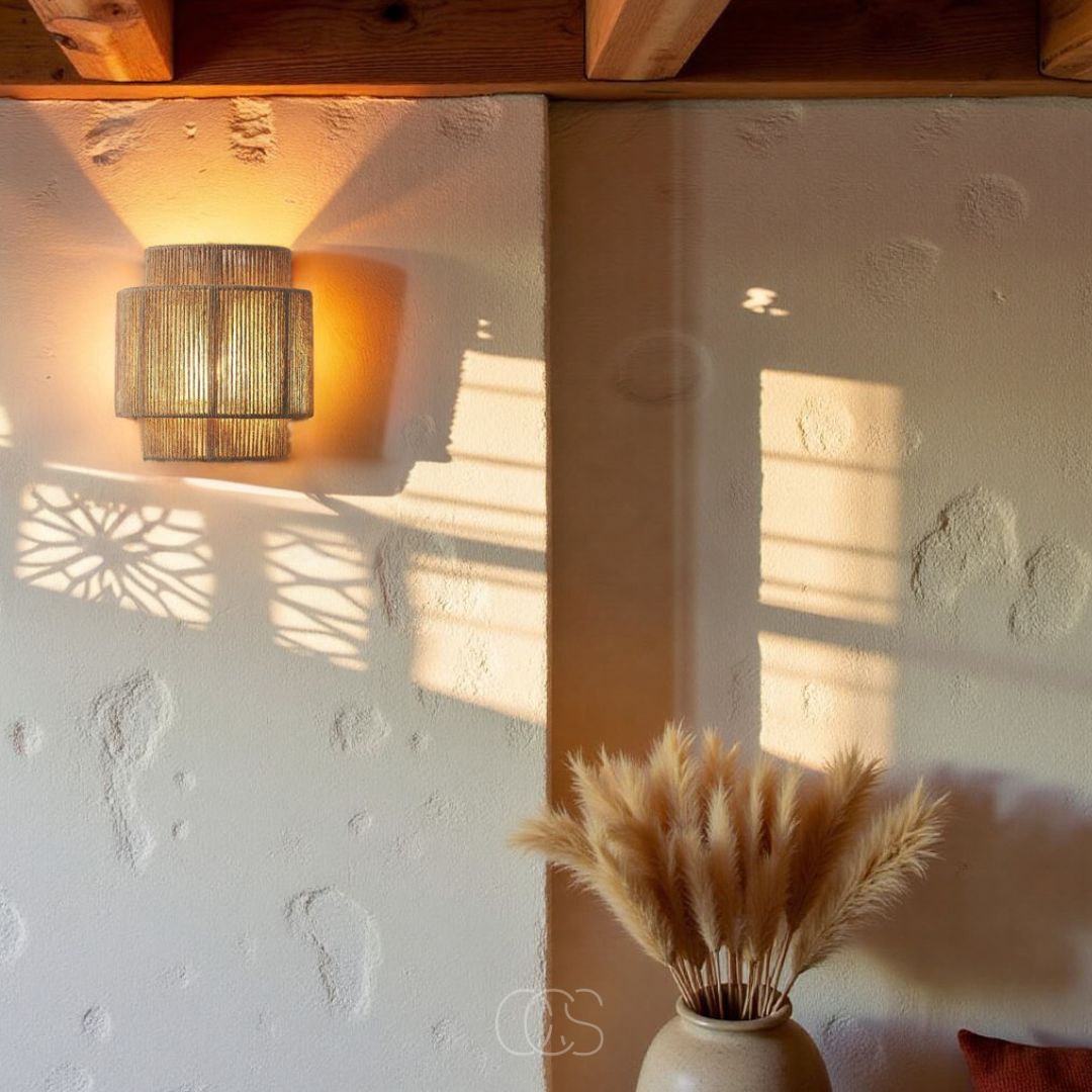 Pleciona lampa ścienna z naturalnej trzciny, 25 cm, boho, nastrojowe światło, ciepły wzór cieni, salon, sypialnia, przedpokój, wnętrze | Sansoti