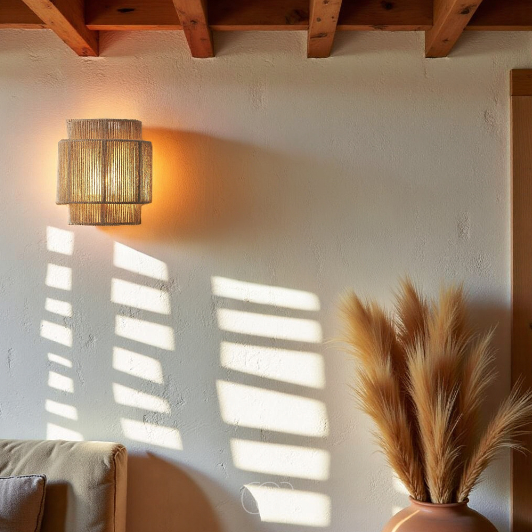Pleciona lampa ścienna z naturalnej trzciny, 25 cm, boho, nastrojowe światło, ciepły wzór cieni, salon, sypialnia, przedpokój, wnętrze | Sansoti