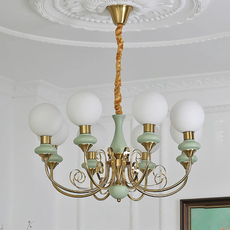 Glas-Kronleuchter mit Eisenrahmen in Grün, Gold und Weiß, 3-5-8 Lampen, Pendelleuchte für Esszimmer und Wohnzimmer | Sansoti