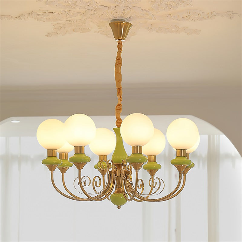 Glas-Kronleuchter mit Eisenrahmen in Grün, Gold und Weiß, 3-5-8 Lampen, Pendelleuchte für Esszimmer und Wohnzimmer | Sansoti