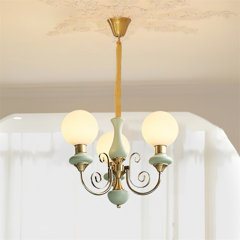 Glas-Kronleuchter mit Eisenrahmen in Grün, Gold und Weiß, 3-5-8 Lampen, Pendelleuchte für Esszimmer und Wohnzimmer | Sansoti
