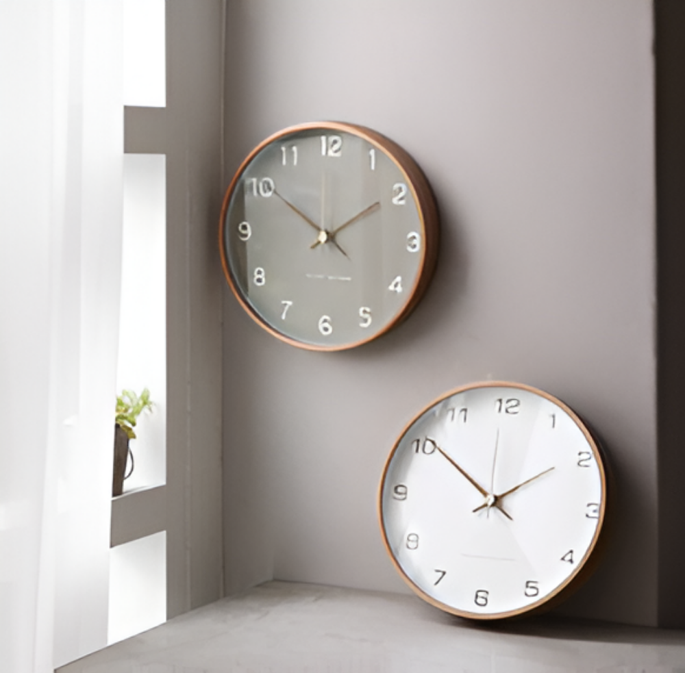 Round Wall Clock Wood 25cm Gray White Silent Movement Bedroom Living Room Kitchen Quartz Wooden Clock Scandinavian | Sansoti