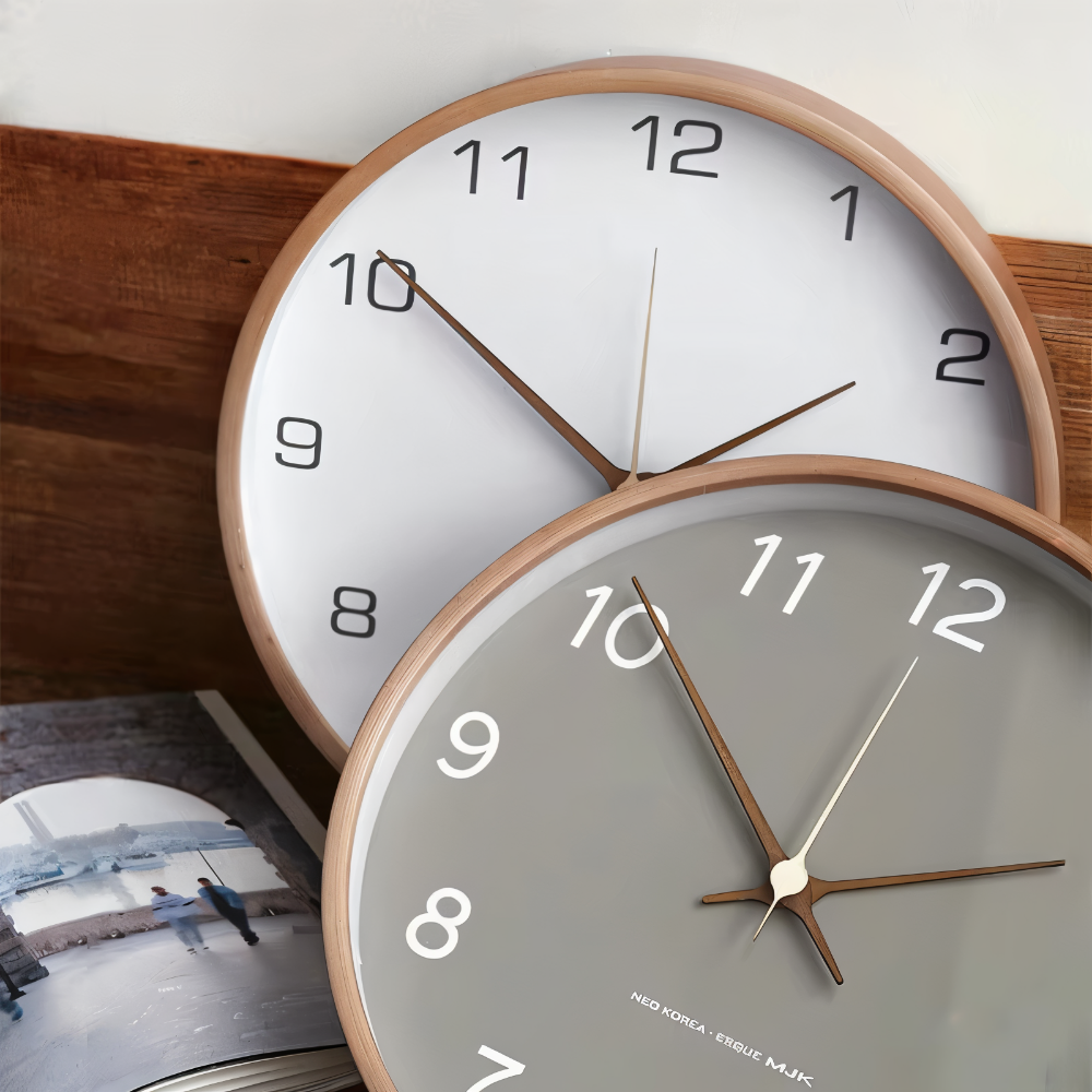 Round Wall Clock Wood 25cm Gray White Silent Movement Bedroom Living Room Kitchen Quartz Wooden Clock Scandinavian | Sansoti
