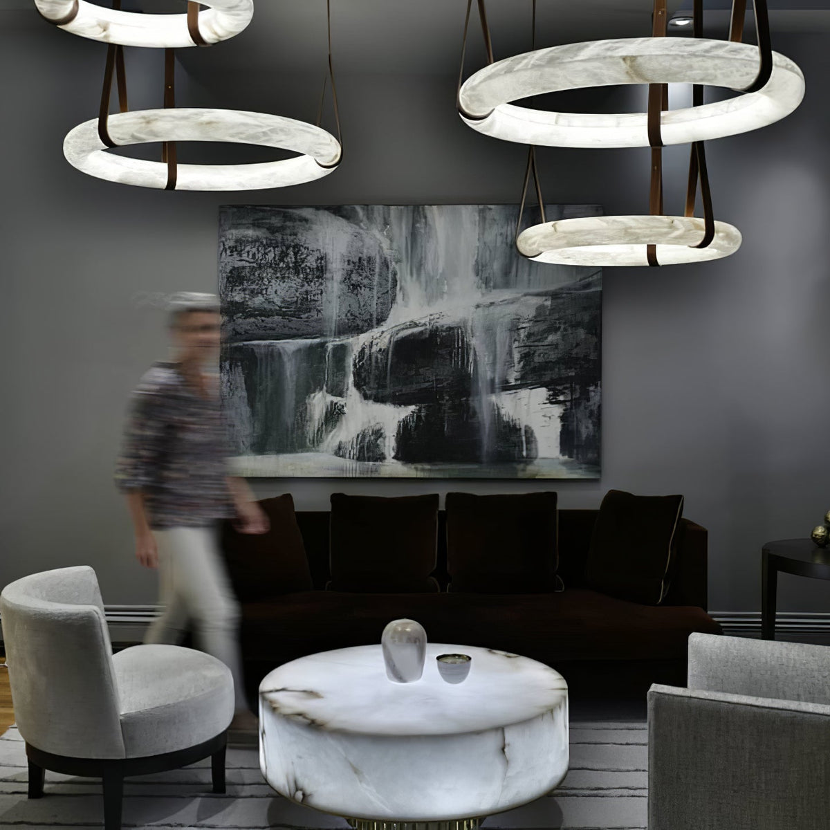 Pendant Lamp Alabaster Ring LED Dark Brown Brown Gold Living Room Dining Room 3000K 4000K 6000K Ø30 Ø120cm Natural Stone Pendant Lamp | Sansoti