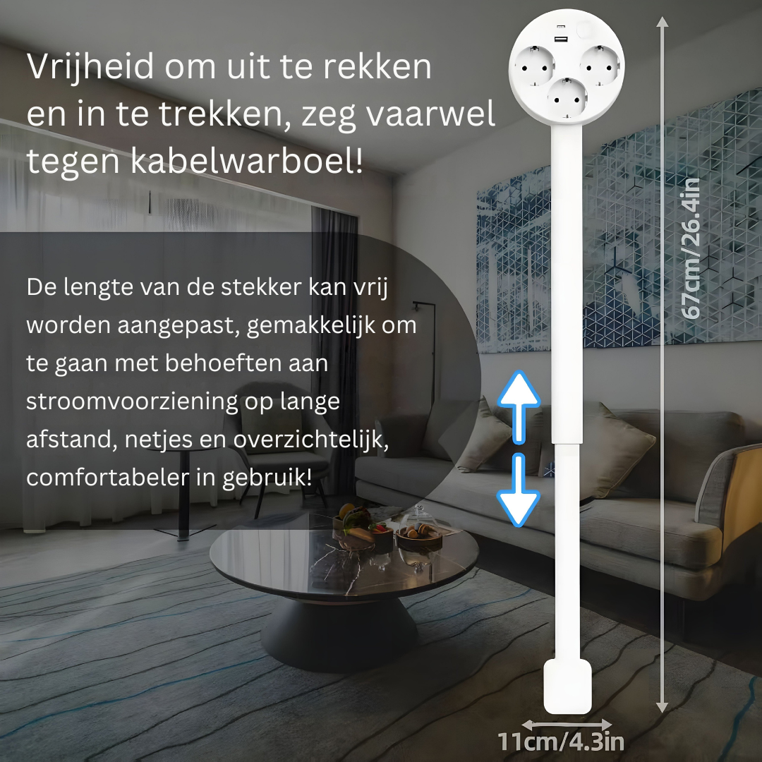Ausziehbare Steckdose mit USB und drehbarem Kopf 3 EU 47-67cm Weiß | Sansoti