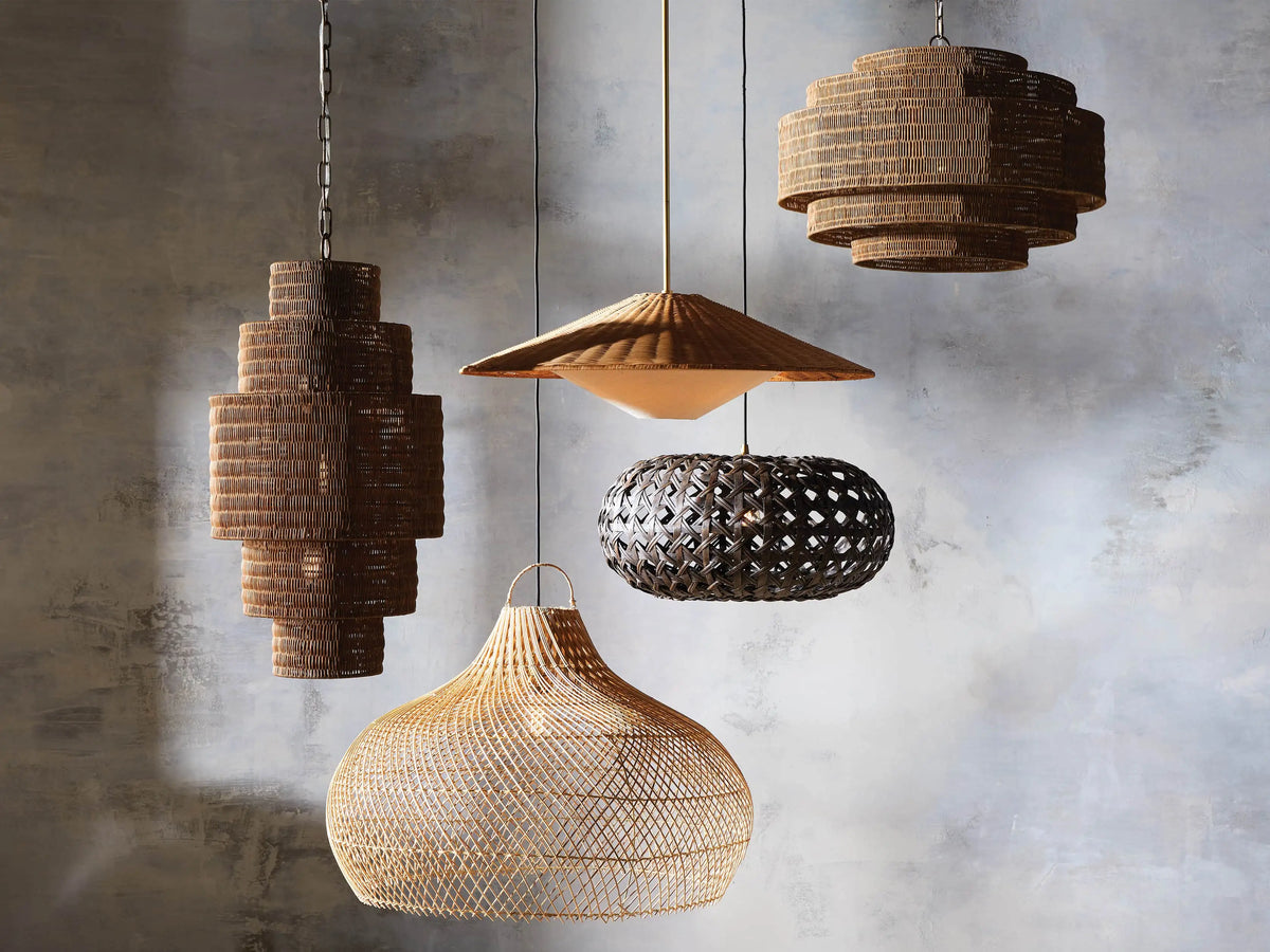 Woven Rattan Chandelier Layered Iron Frame Adjustable Height Pendant Light Dining Room Living Room Lighting | Sansoti