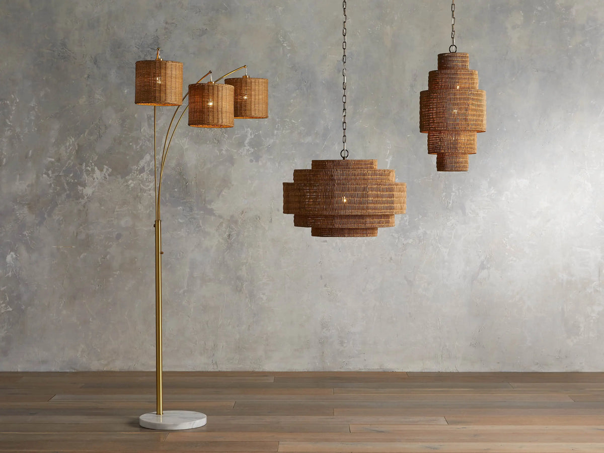 Woven Rattan Chandelier Layered Iron Frame Adjustable Height Pendant Light Dining Room Living Room Lighting | Sansoti