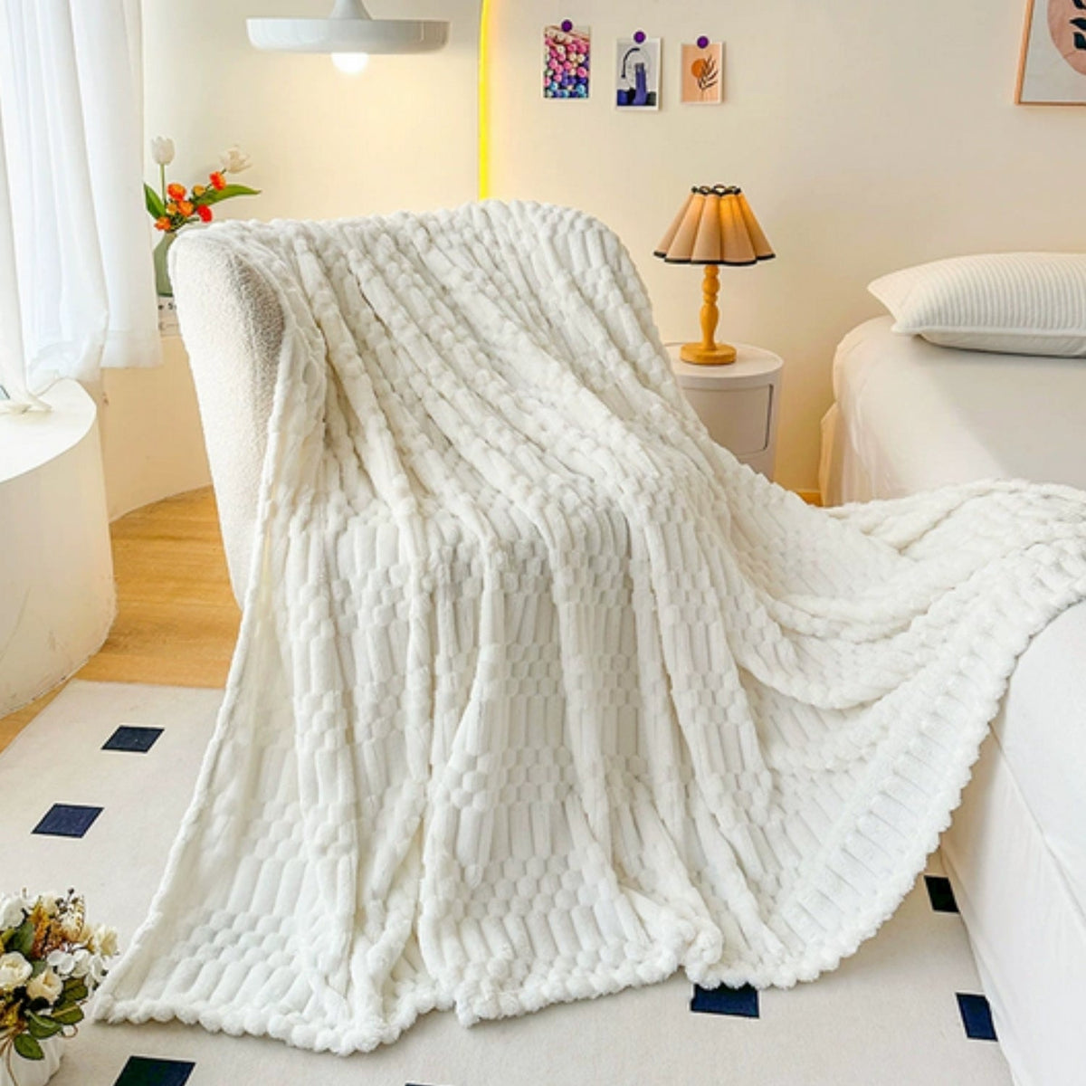 Geribbelde Fleeceplaid met Steentjesstructuur - Zachte Decoratieve Deken voor Slaapkamer en Woonkamer Styling | Sansoti