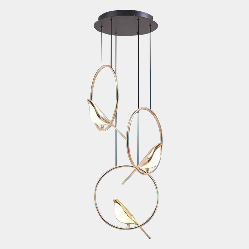 Suspension LED Pie noir et doré, lustre au motif d’oiseau moderne et décoratif pour salon et salle à manger | Sansoti