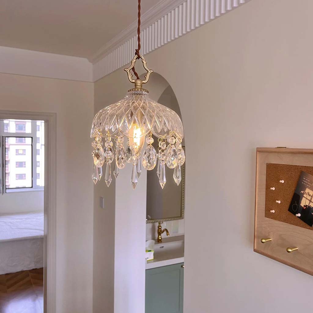 Crystal Pendant Light with Brass Fitting and Ribbed Glass for Dining Room Living Room Bedroom Ambient Lighting | Sansoti