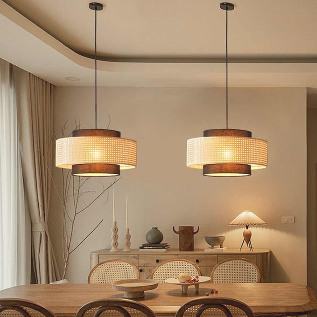 Pendelleuchte Rattan Stoff Rund Natürlich Japandi-Atmosphäre Doppelter Schirm Esszimmer Wohnzimmer LED-Hängeleuchte Modern | Sansoti