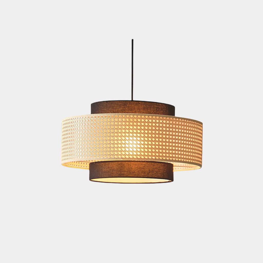 Pendelleuchte Rattan Stoff Rund Natürlich Japandi-Atmosphäre Doppelter Schirm Esszimmer Wohnzimmer LED-Hängeleuchte Modern | Sansoti