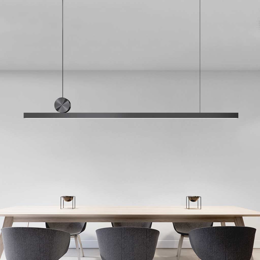 Suspension linéaire LED à intensité variable en aluminium noir, 100-200cm, pour table à manger et salon, design moderne scandinave | Sansoti