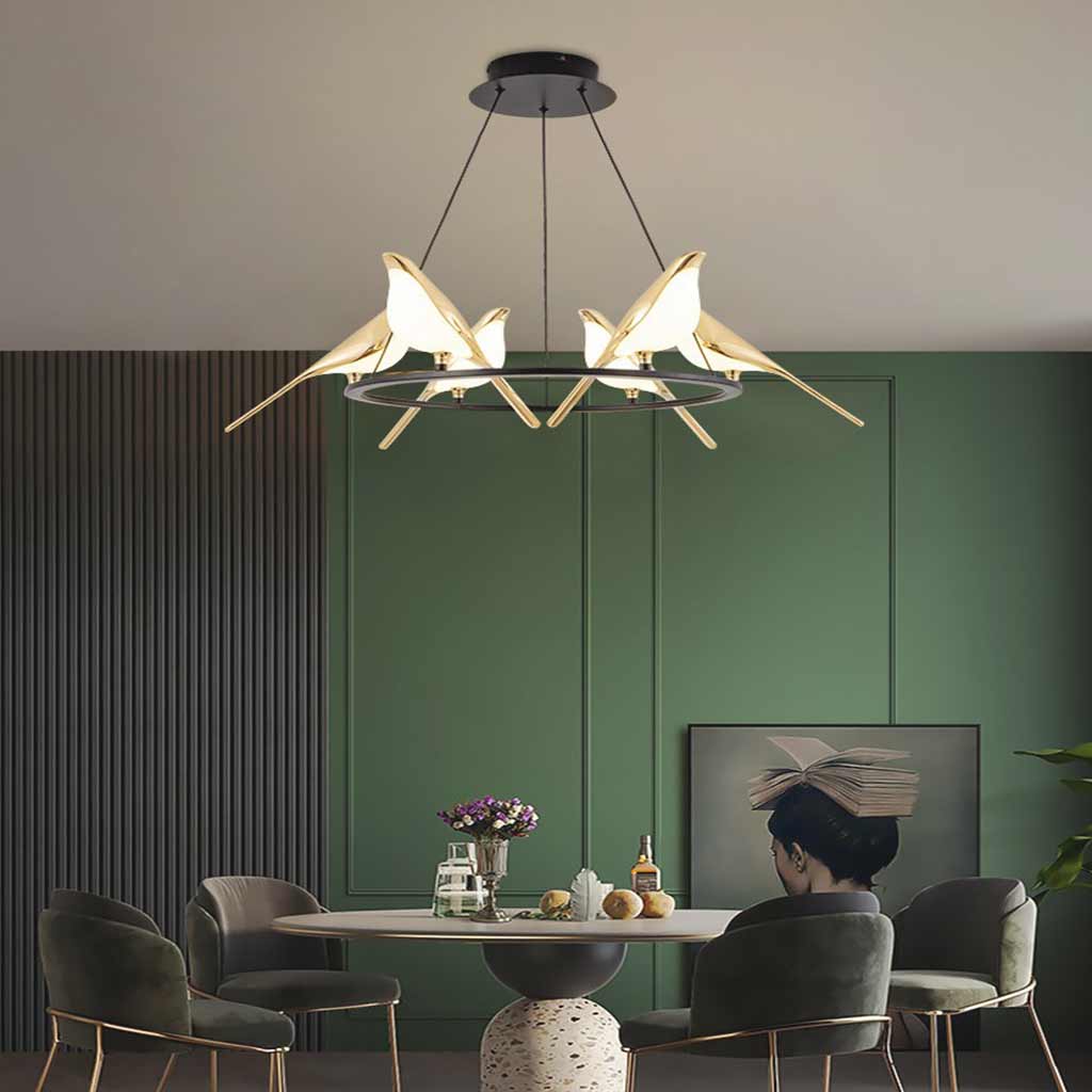 Suspension LED Pie noir et doré, lustre au motif d’oiseau moderne et décoratif pour salon et salle à manger | Sansoti