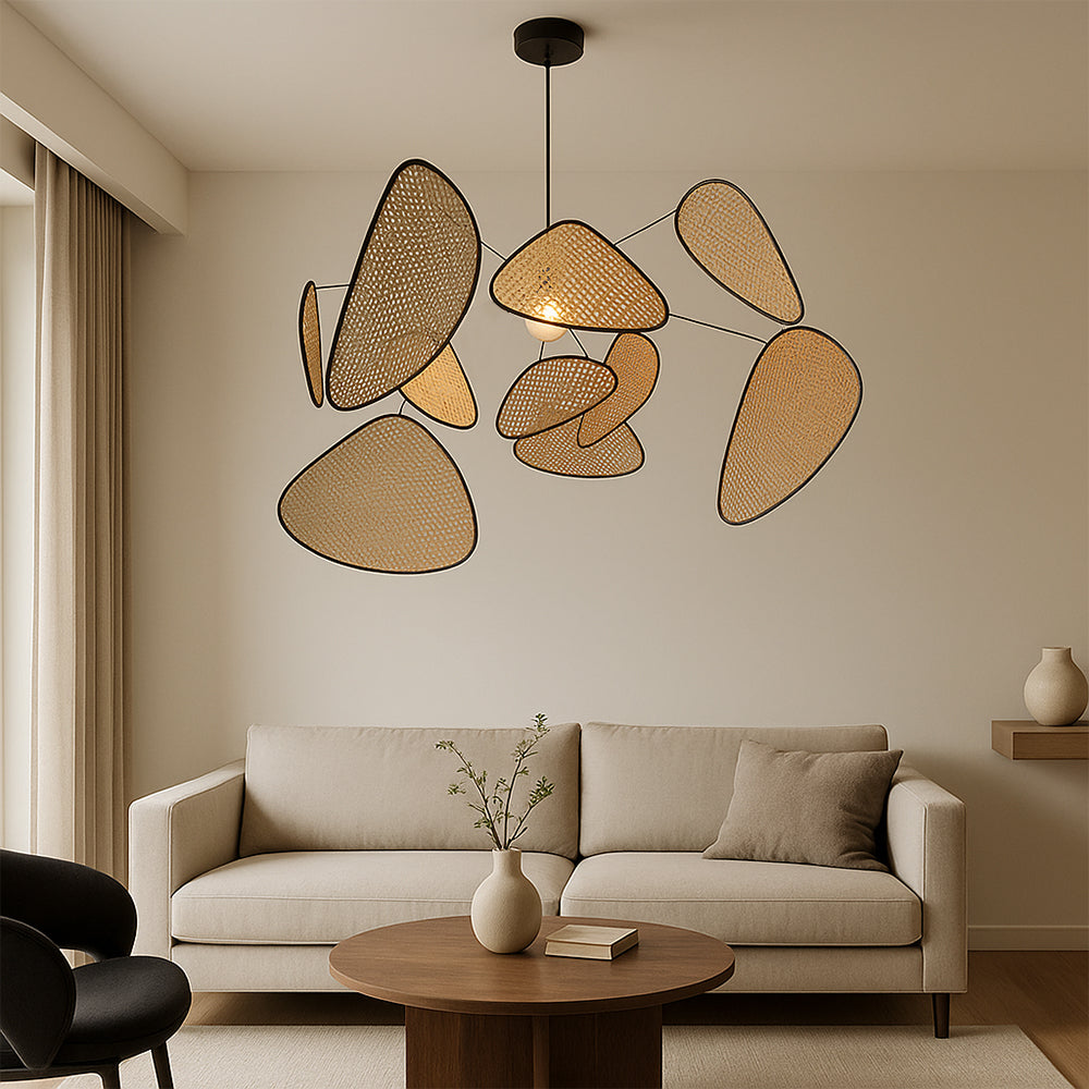Suspension rotin LED 3000K blanc chaud chambre coin repas design organique rotin éclairage lampe de plafond style naturel | Sansoti