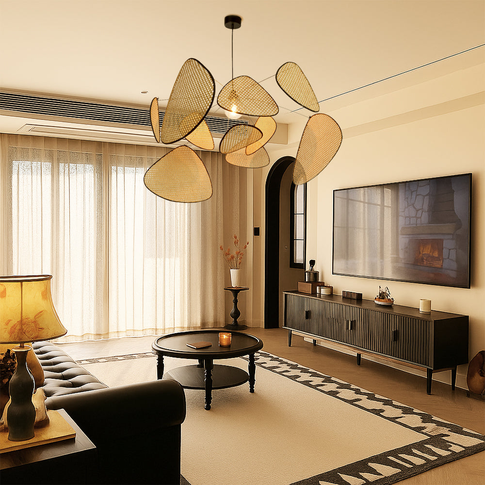 Suspension rotin LED 3000K blanc chaud chambre coin repas design organique rotin éclairage lampe de plafond style naturel | Sansoti
