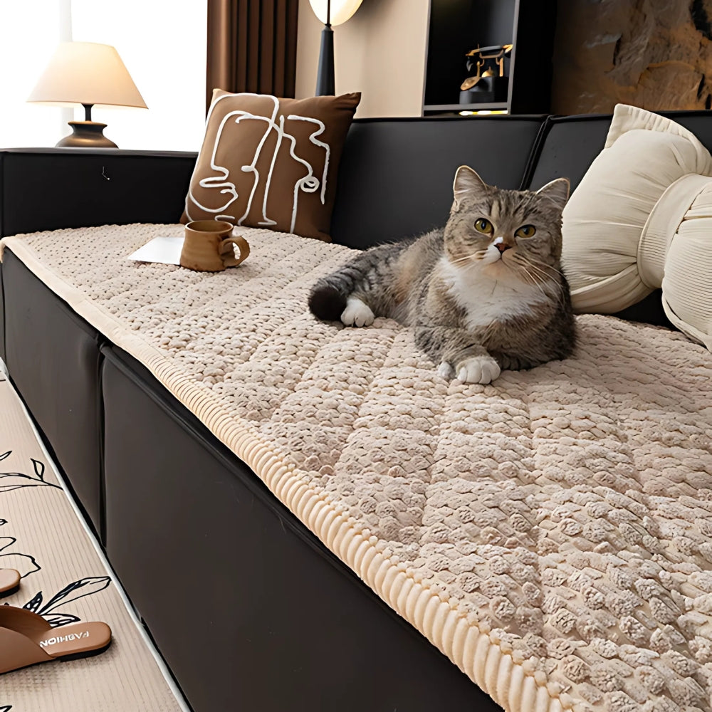 Premium Quilted Sofa Cover — Protects Against Pets, Scratches & Stains — Non-Slip Textured Design — Machine Washable — Soft Plush Fleece with Geometric Pattern — For Single, Double, Triple Seater Lounge Sofas | Sansoti
