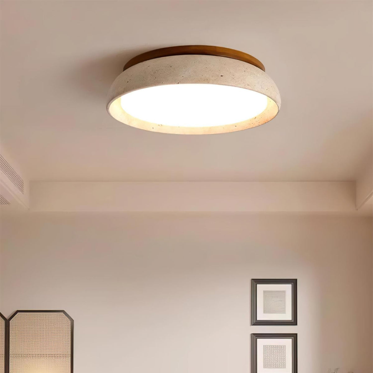Runde Travertin-Deckenleuchte aus Holz mit warmem Licht, modernes Design, Wohnzimmer, Esszimmer, Schlafzimmer, skandinavische Einrichtung | Sansoti