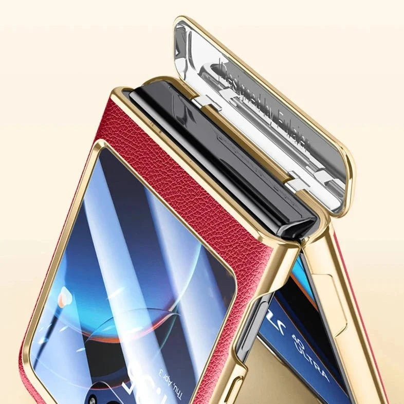 Faux Leather Protective Case for Foldable Smartphone with Tempered Glass, Chrome Finish and Full Protection | Sansoti