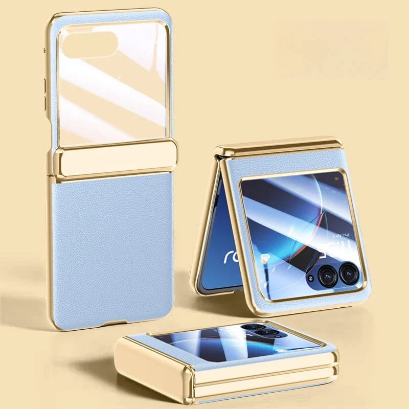 Faux Leather Protective Case for Foldable Smartphone with Tempered Glass, Chrome Finish and Full Protection | Sansoti