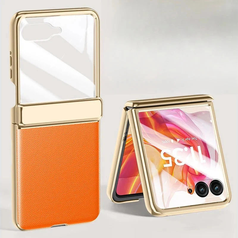 Faux Leather Protective Case for Foldable Smartphone with Tempered Glass, Chrome Finish and Full Protection | Sansoti