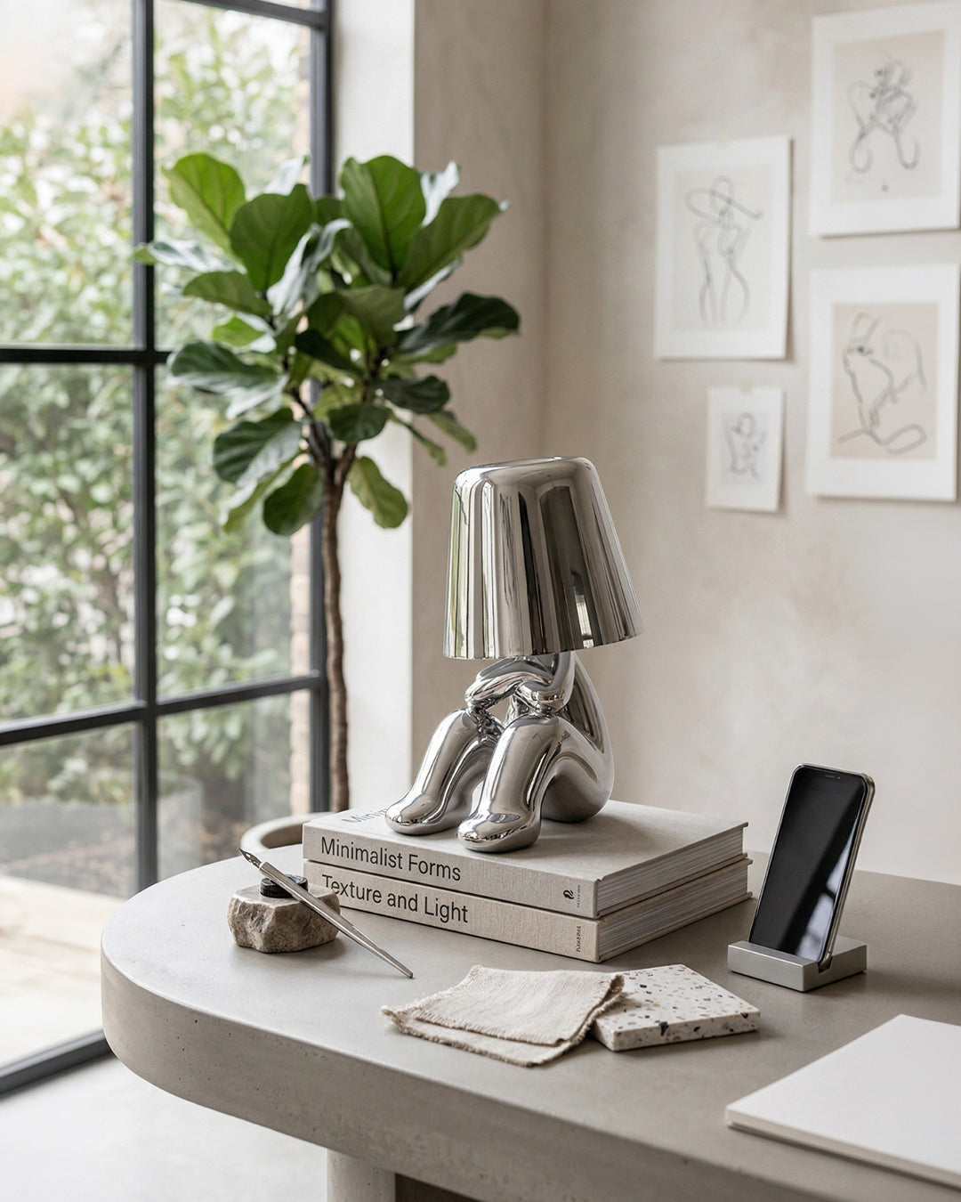Lampe de table en métal sculpture figure lumière d’ambiance tactile dimmable LED veilleuse or argent design moderne décoratif | Sansoti